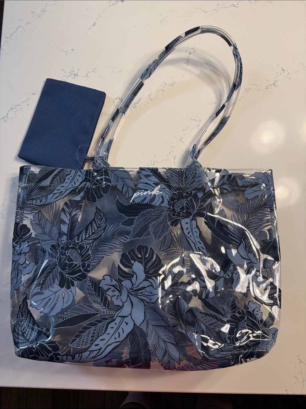 PINK Victoria's Secret Clear Floral Tote in Navy and Gray